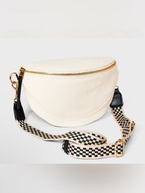 Universal Thread Cream Canvas Crescent Crossbody with Black Checkered Strap